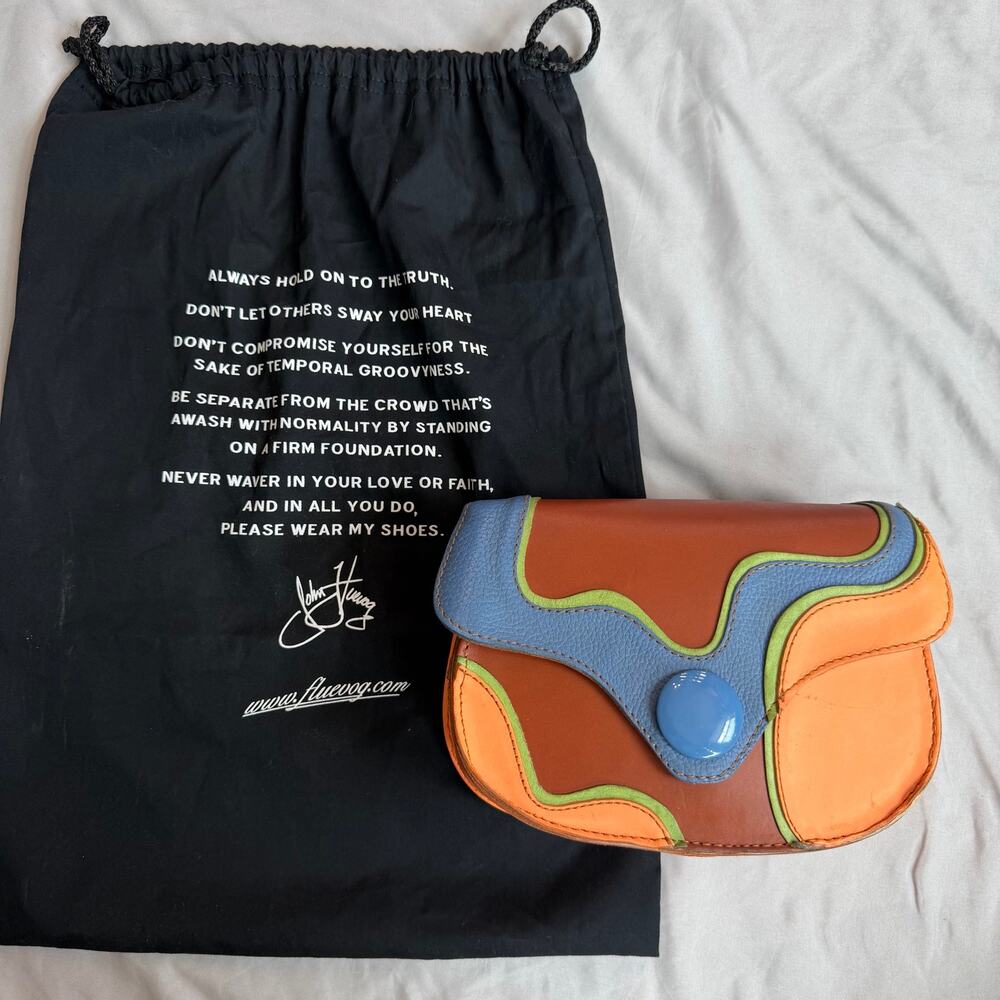 John Fluevog Mini Leather Crossbody Multicolor Orange Blue Green Shoulder Purse - Picture 2 of 16